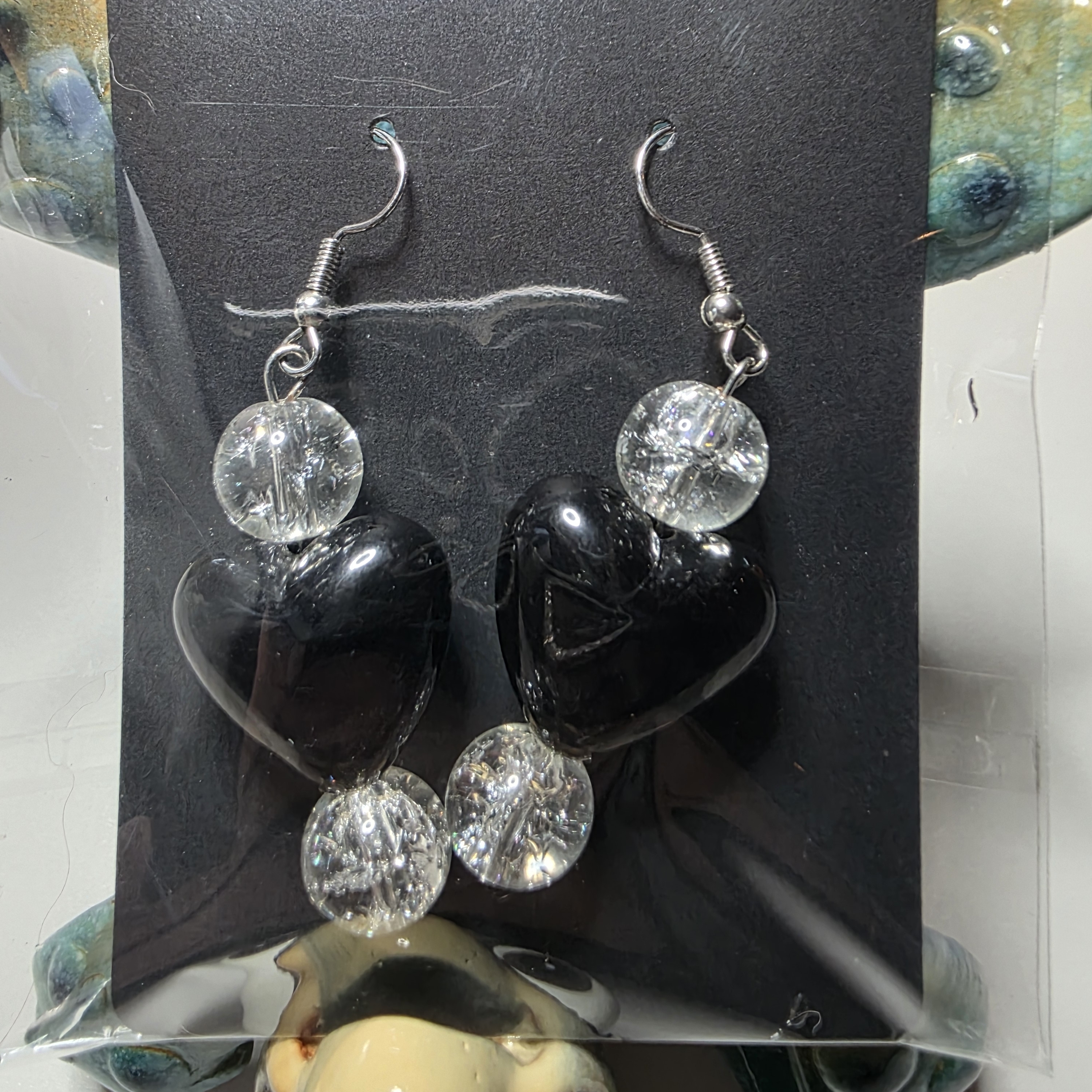 Mine Black Heart Drop Earrings With Clear Crackle Beads